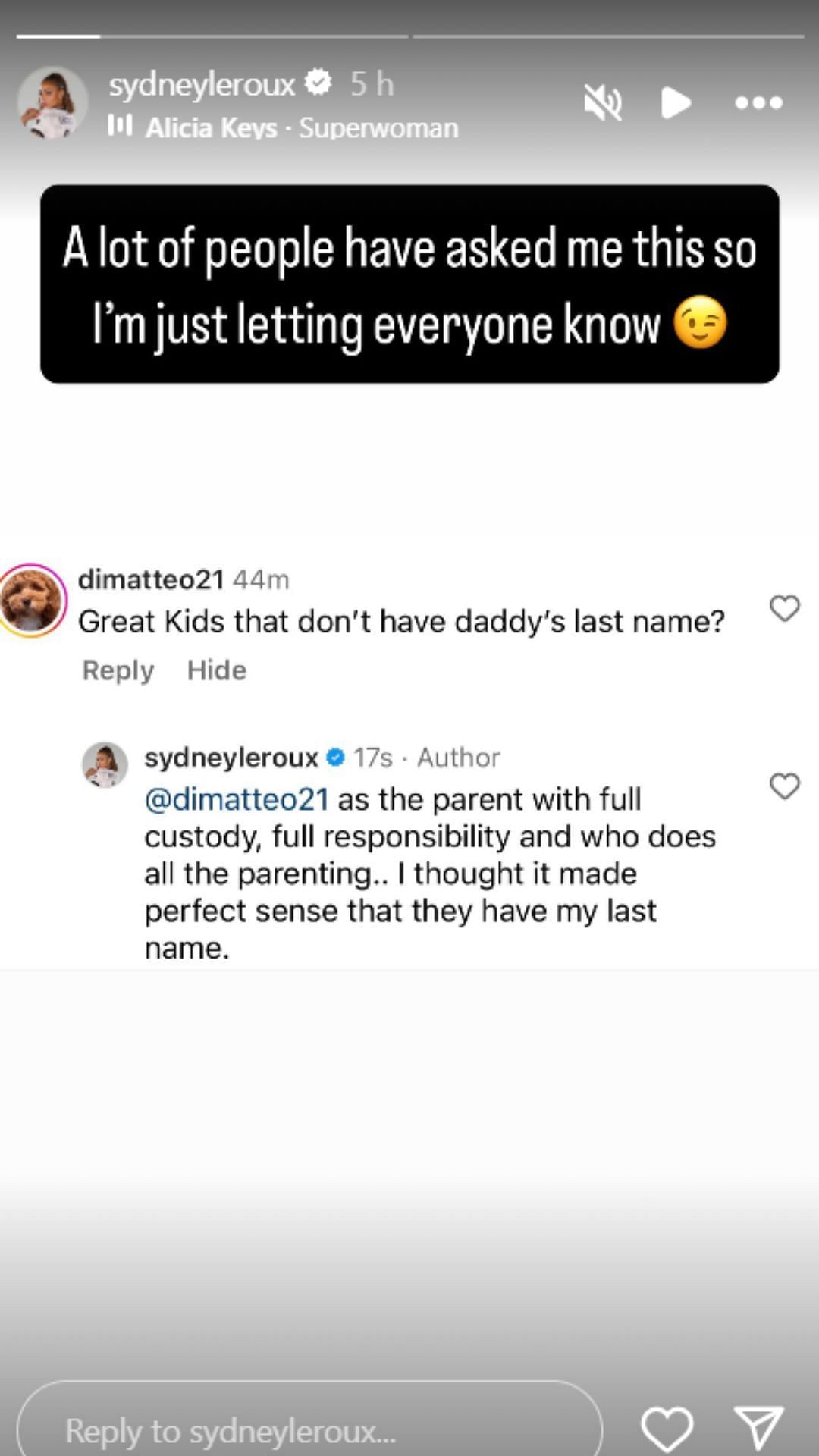Screenshot of story (IG/@sydneyleroux)